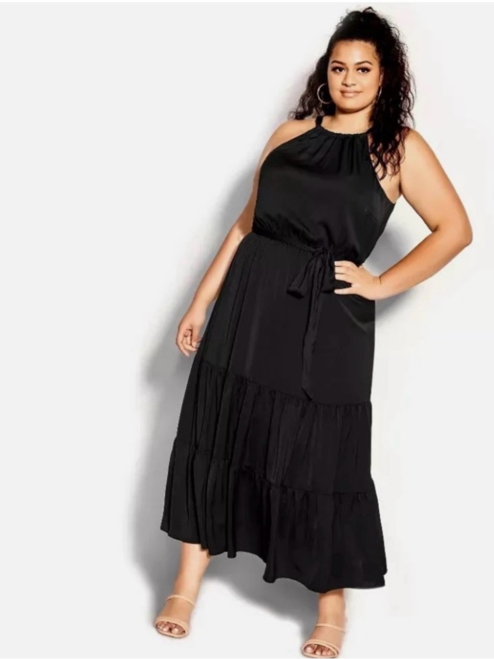 City Chic Plus Size Black Halter Tiered Maxi Dress with Tie Waist